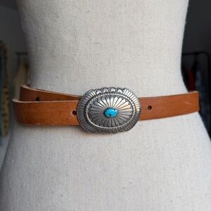 Vintage Leather Belt Sterling Silver and Authentic Turquoise Buckle